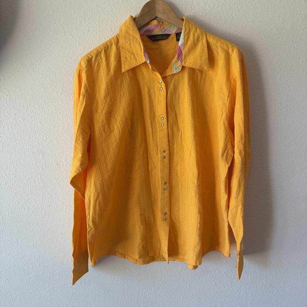 Wrangler Aura Womens XXL Pearl Snap Shirt Orange Plaid Trim Western Cowgirl Top